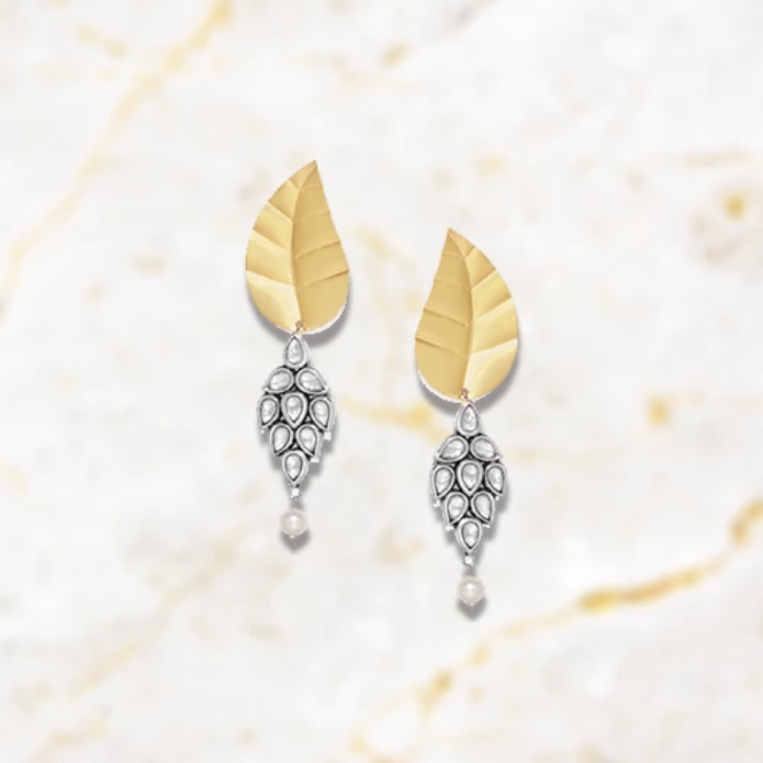 Silver Gold Leafy Drop Earring With Jadau Kundan